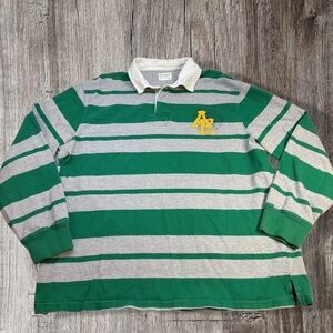 American Eagle Vintage Logo Green  Gray Striped Rugby Polo Shirt Men’s XL Y2K
